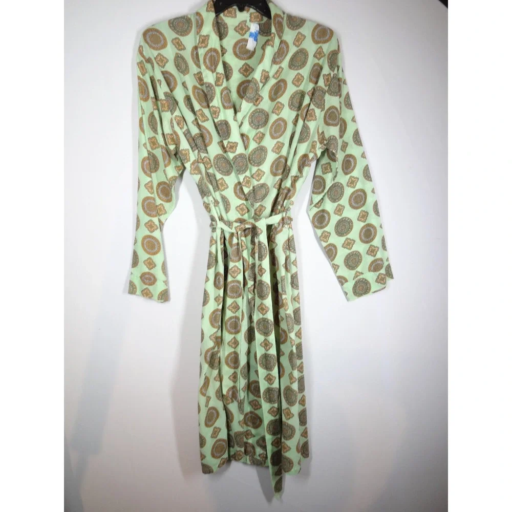 Vintage Paisley Cotton Robe Mens XL Green Medallion 60s 70s Loungewear MCM Retro